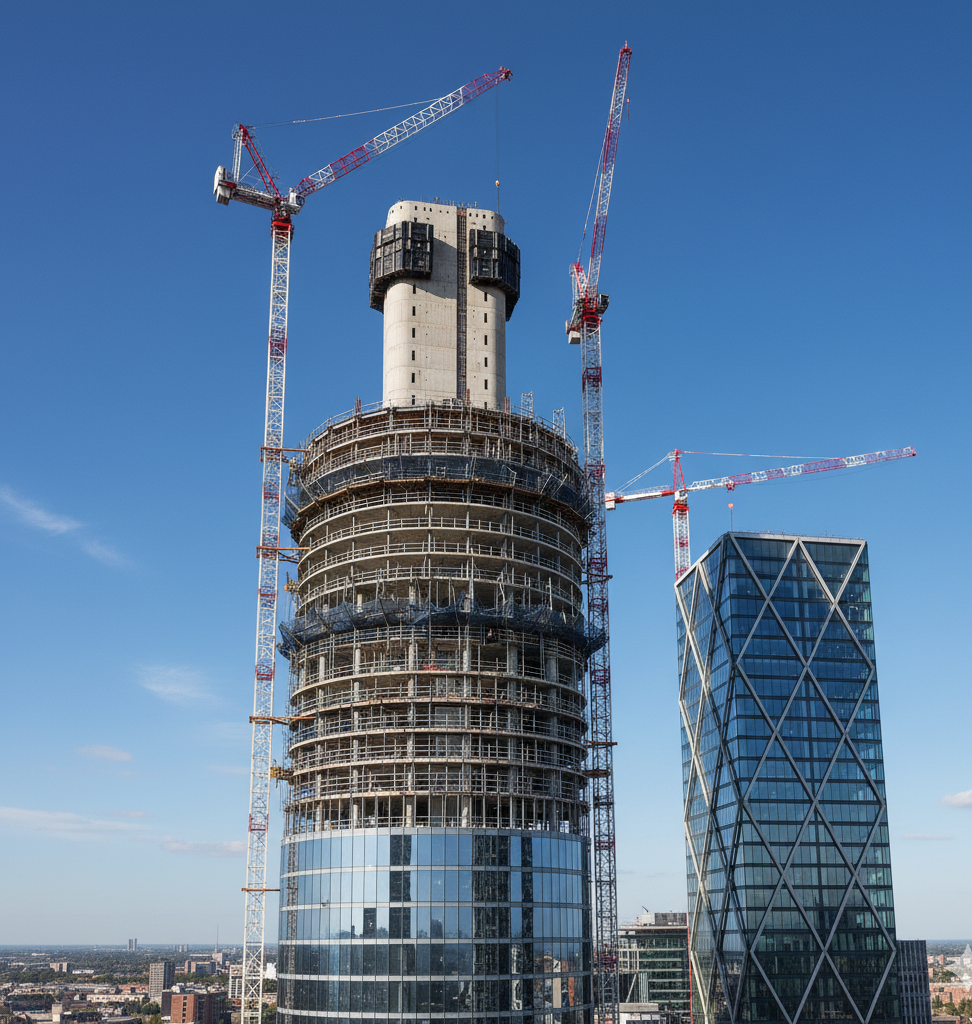 City skyline with cranes and construction activity.