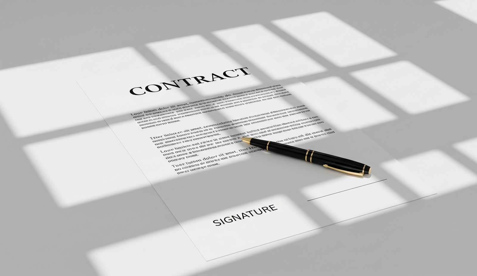 A precision-drafted contract laid out on a dark desk with gold accents, symbolizing clarity and control.