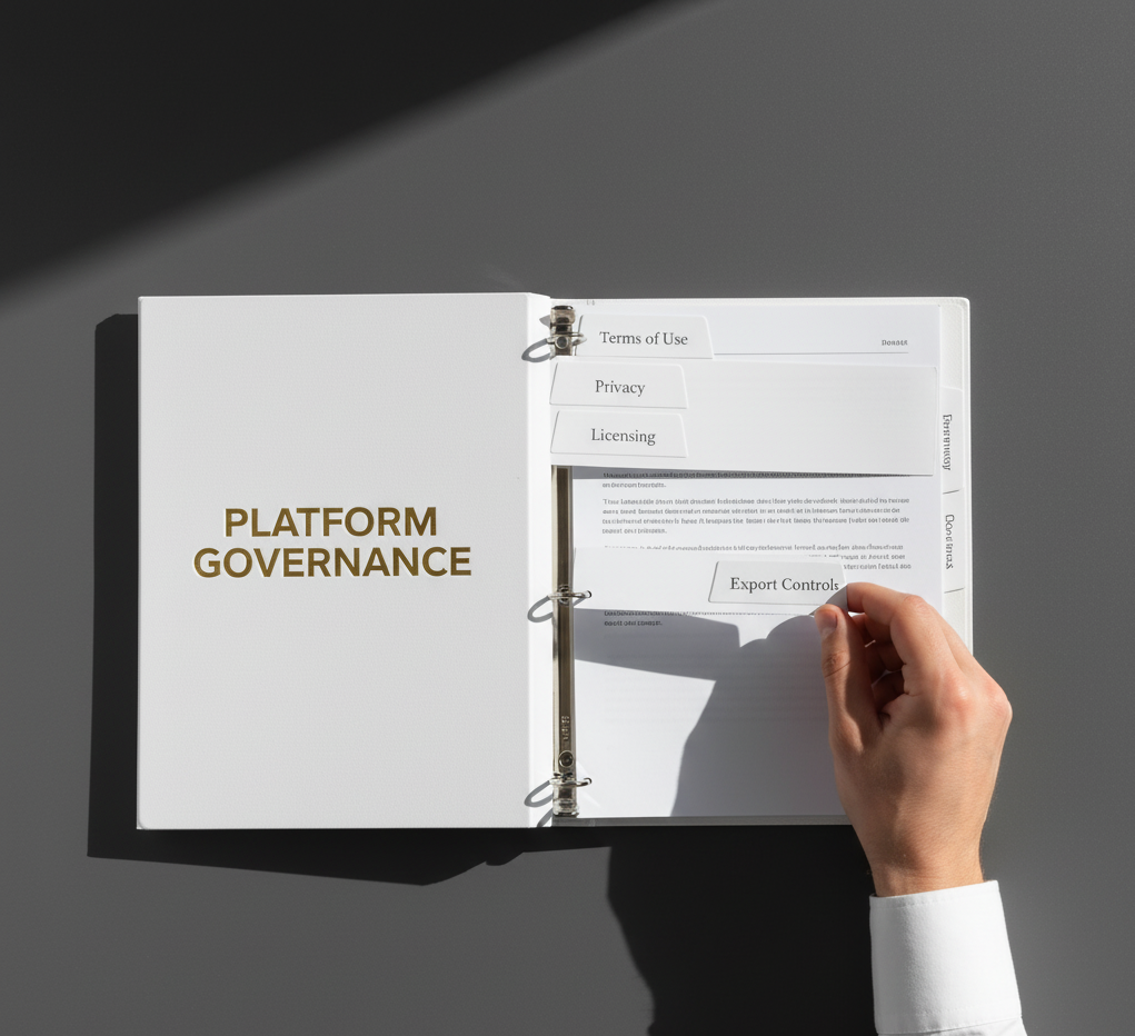 A product counsel annotating digital terms of use on a tablet, symbolizing adaptable governance.