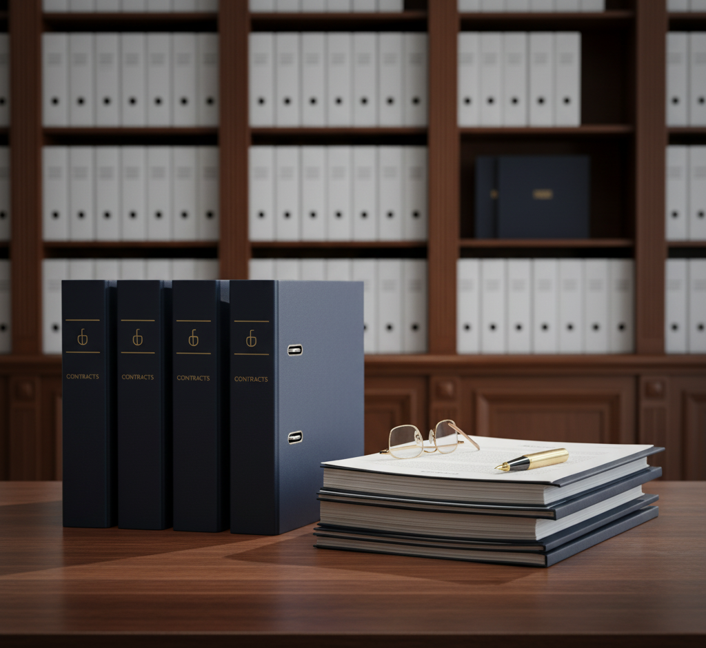 A founder reviewing a marked-up master service agreement beside a laptop, symbolizing live deal negotiation.