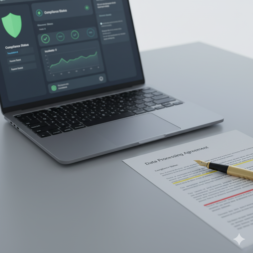 A security operations dashboard with compliance metrics highlighted, symbolizing trust and readiness.