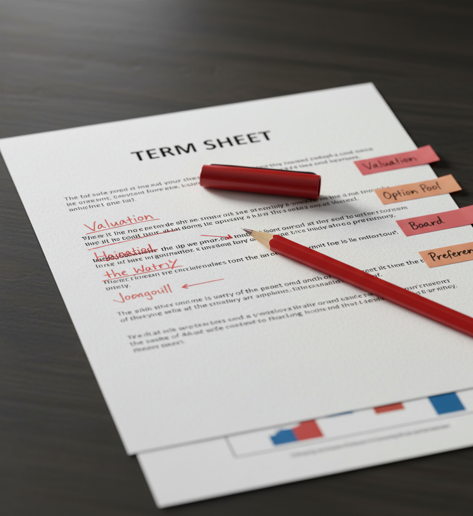 A marked-up term sheet with annotated clauses, symbolizing negotiation.