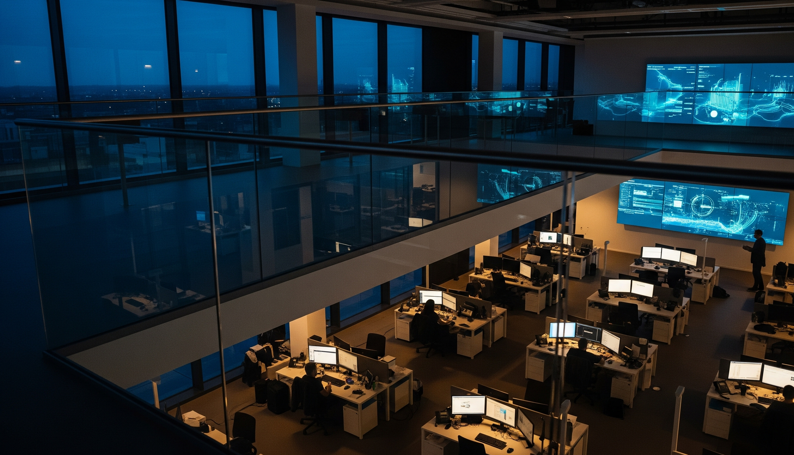 A dimly lit command center overlooking a modern office, symbolizing guardianship of workforce data.